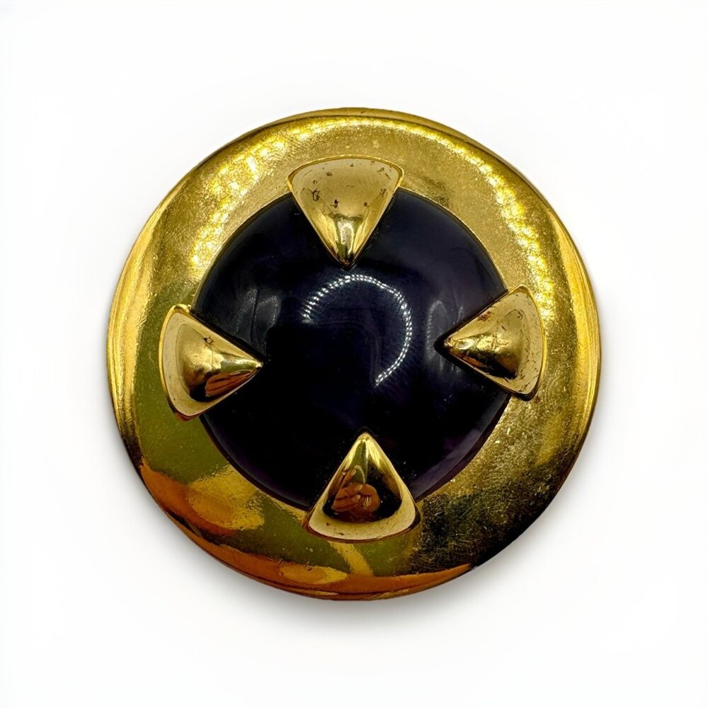 Vintage Givenchy Gold Tone Purple Round Statement Brooch Pin Medallion